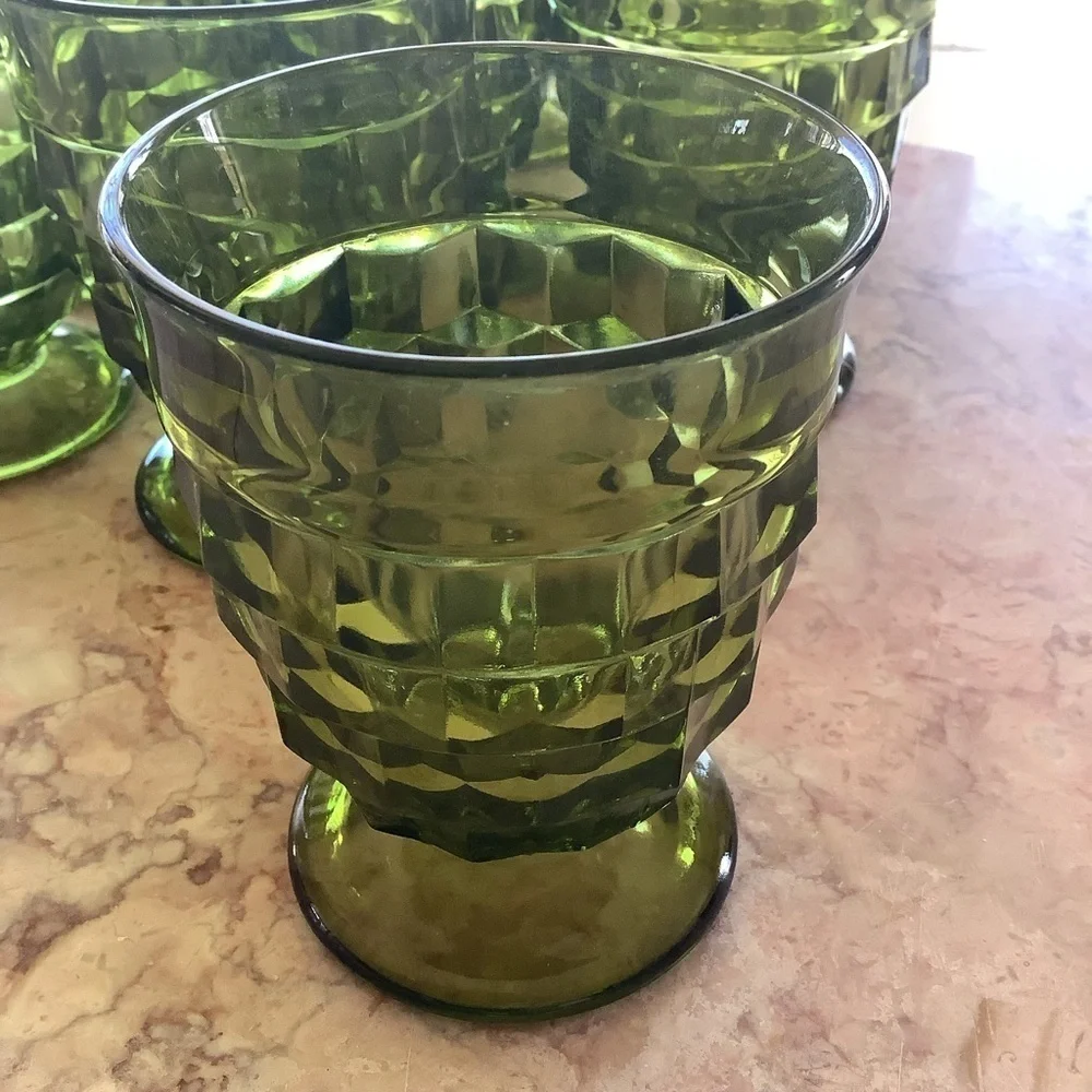Vintage Green Footed Whitehall Cubist Juice Glasses